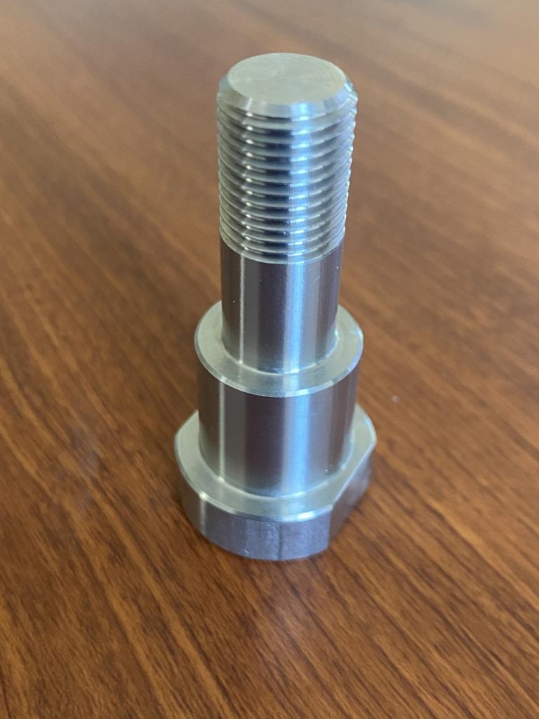 CNC turned stainless steel stud with hexagonal base and fully threaded upper shaft
